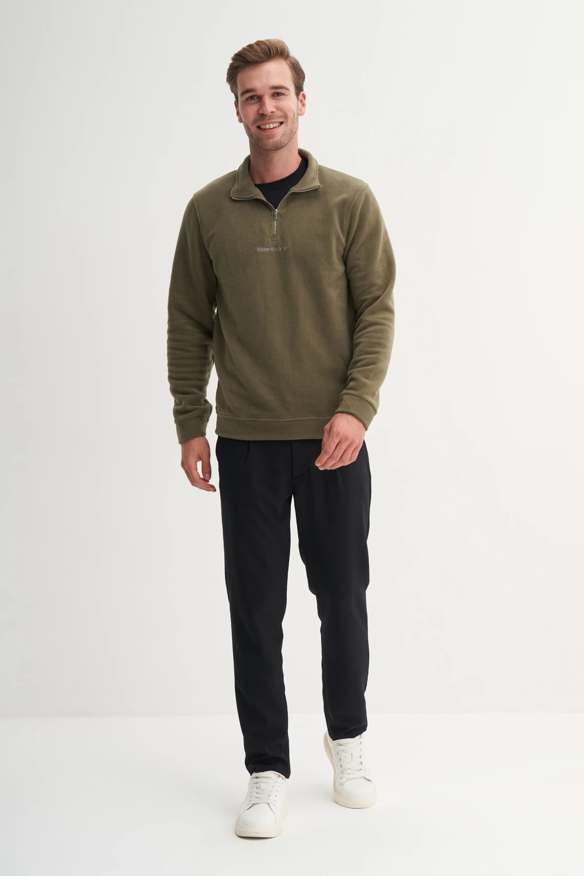 Regular Fit Thick Fleece Stand Collar Zippered Sweatshirt