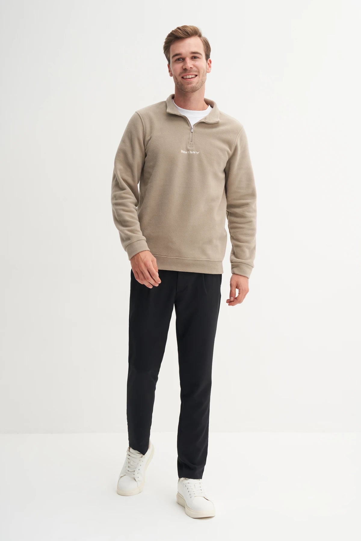 Regular Fit Thick Fleece Stand Collar Zippered Sweatshirt