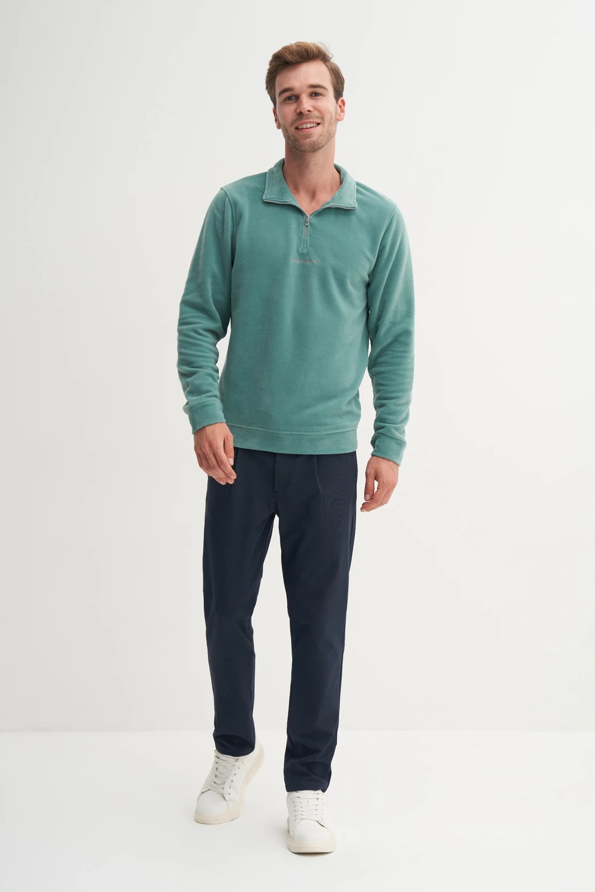 Regular Fit Thick Fleece Stand Collar Zippered Sweatshirt
