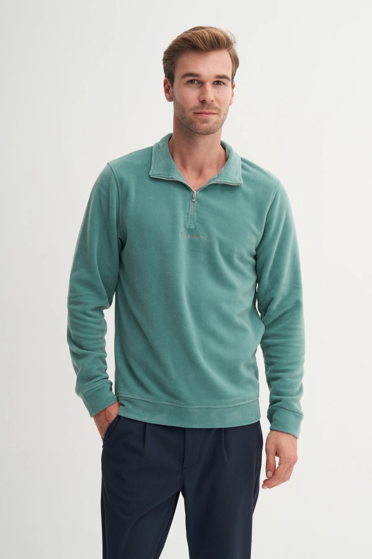 Regular Fit Thick Fleece Stand Collar Zippered Sweatshirt