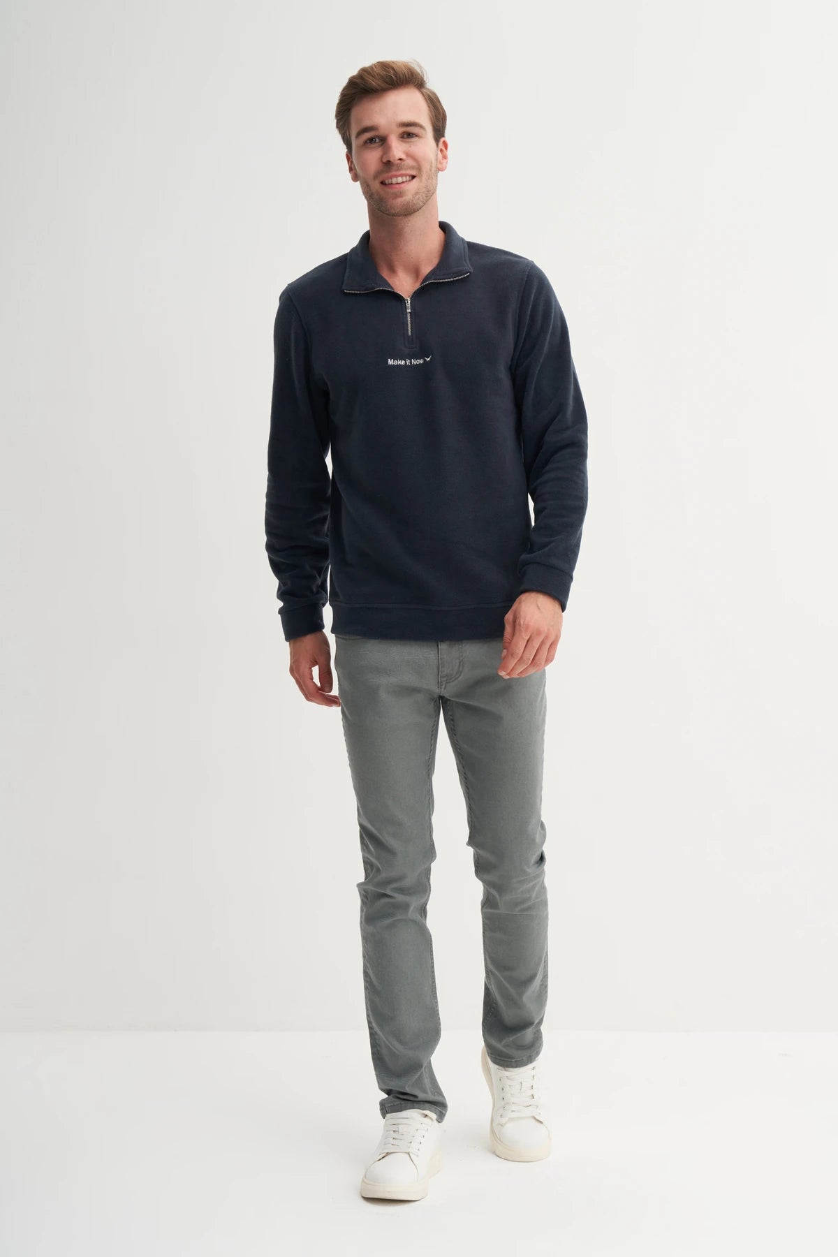 Regular Fit Thick Fleece Stand Collar Zippered Sweatshirt