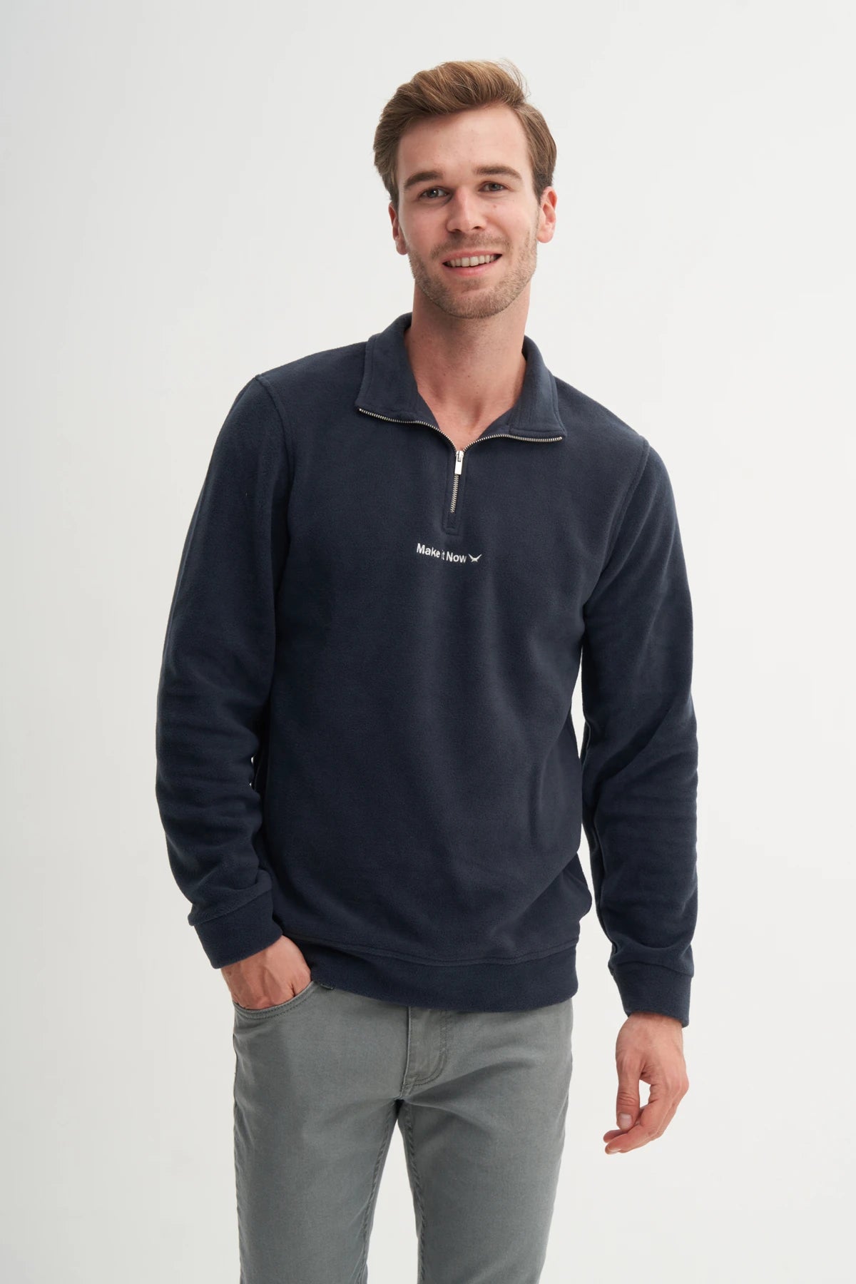 Regular Fit Thick Fleece Stand Collar Zippered Sweatshirt