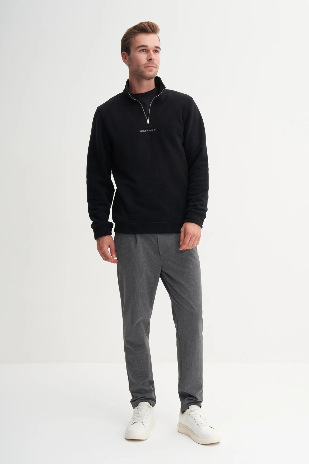 Regular Fit Thick Fleece Stand Collar Zippered Sweatshirt