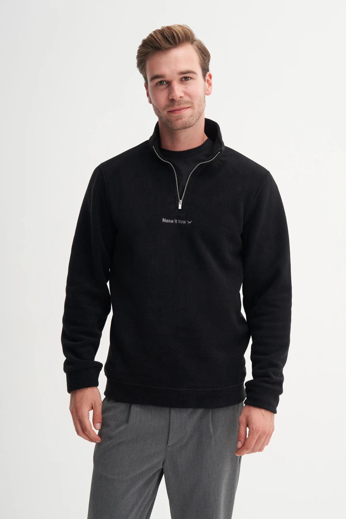 Regular Fit Thick Fleece Stand Collar Zippered Sweatshirt
