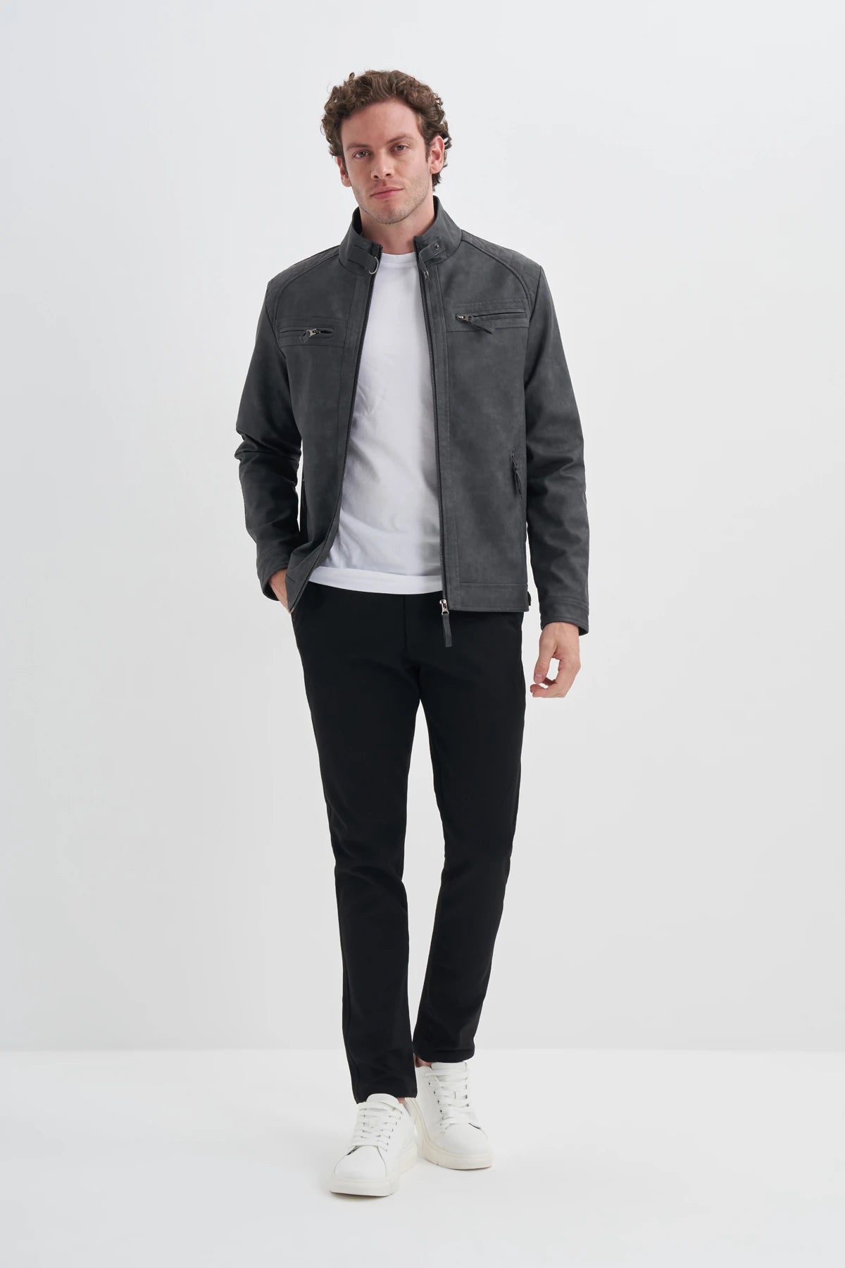 Faux Leather Stand Collar Slim Fit Jacket