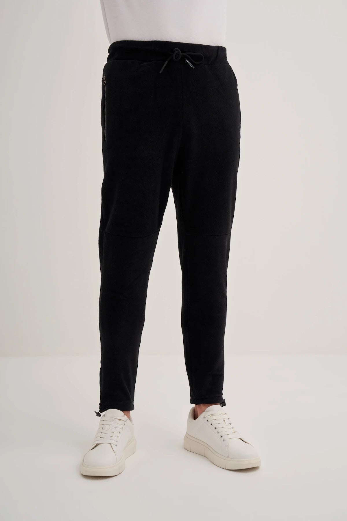 Slim Fit Elastic Leg Cord Lock Polar Fleece Sweatpants with Tie Waist