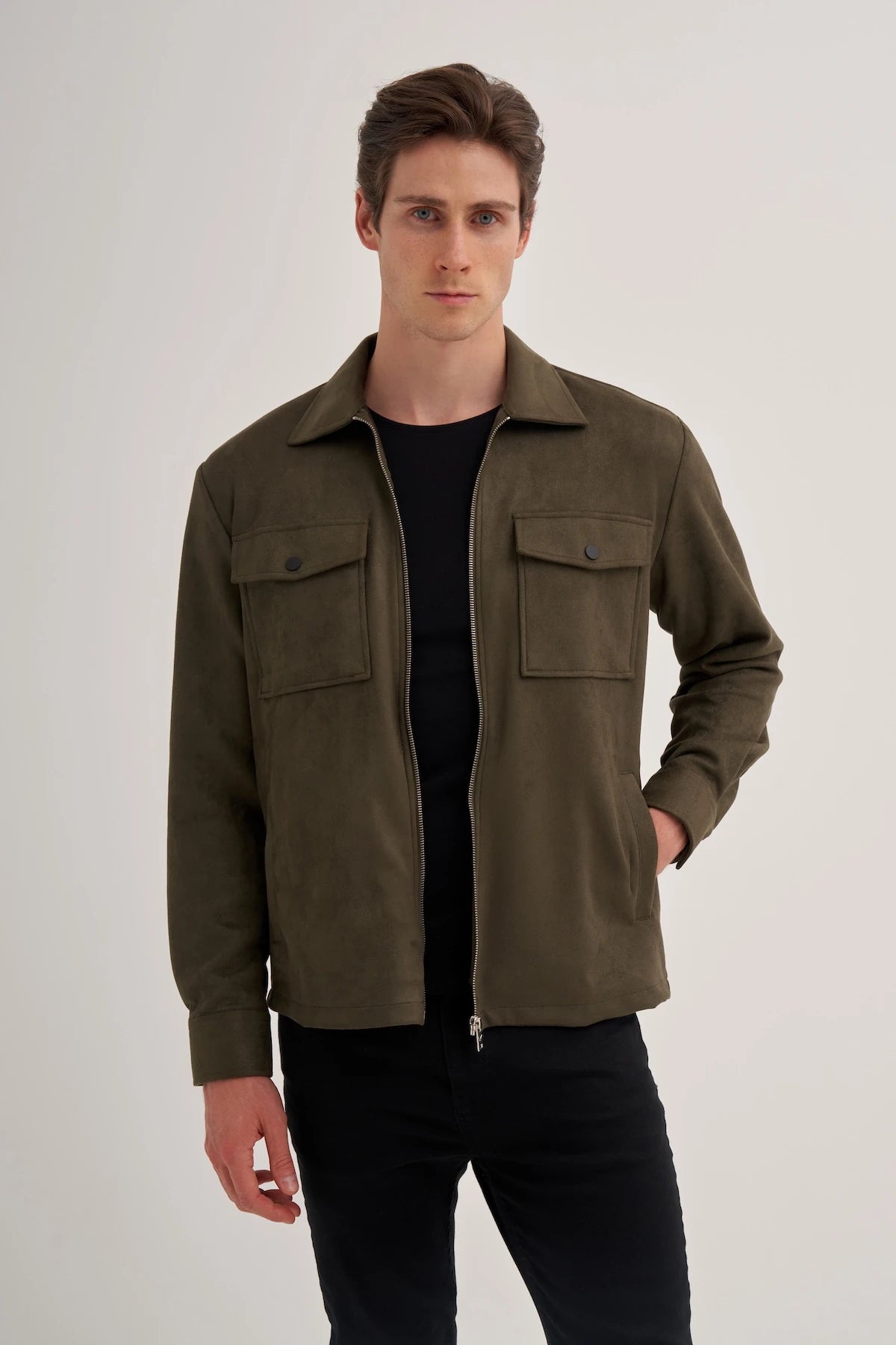 Regular Fit Suede Pocket Detailed Zipper Jacket