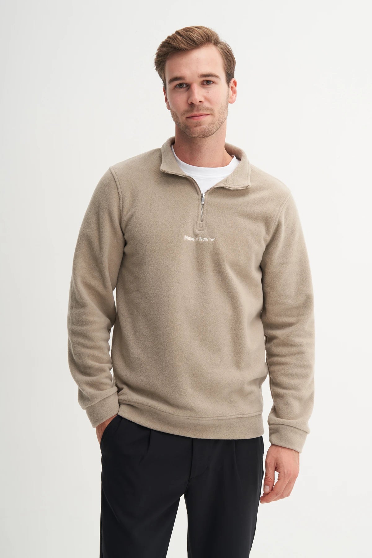 Regular Fit Thick Fleece Stand Collar Zippered Sweatshirt