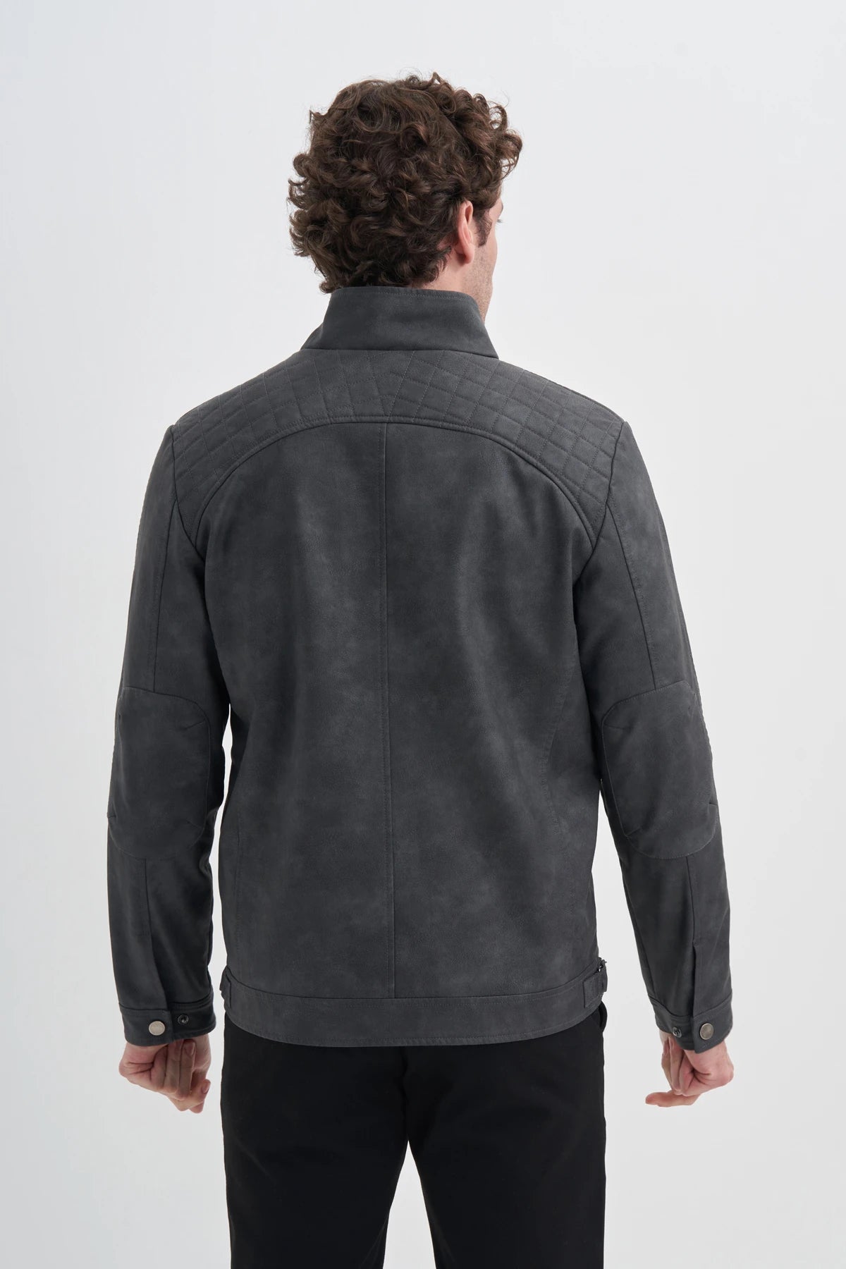 Faux Leather Stand Collar Slim Fit Jacket