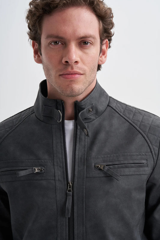 Faux Leather Stand Collar Slim Fit Jacket