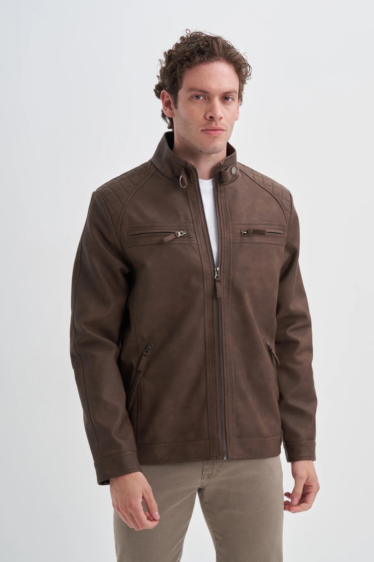 Faux Leather Stand Collar Slim Fit Jacket