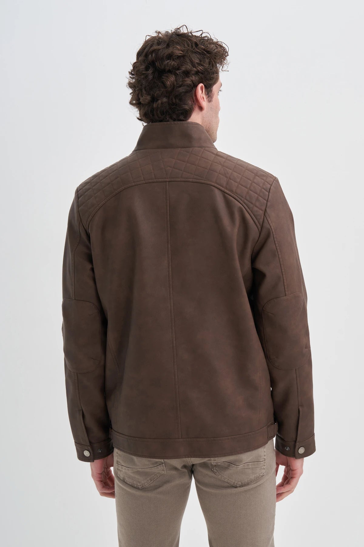 Faux Leather Stand Collar Slim Fit Jacket