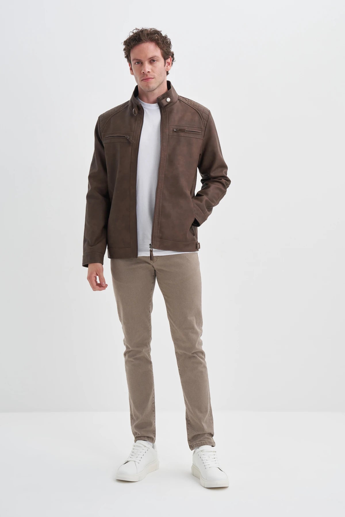 Faux Leather Stand Collar Slim Fit Jacket