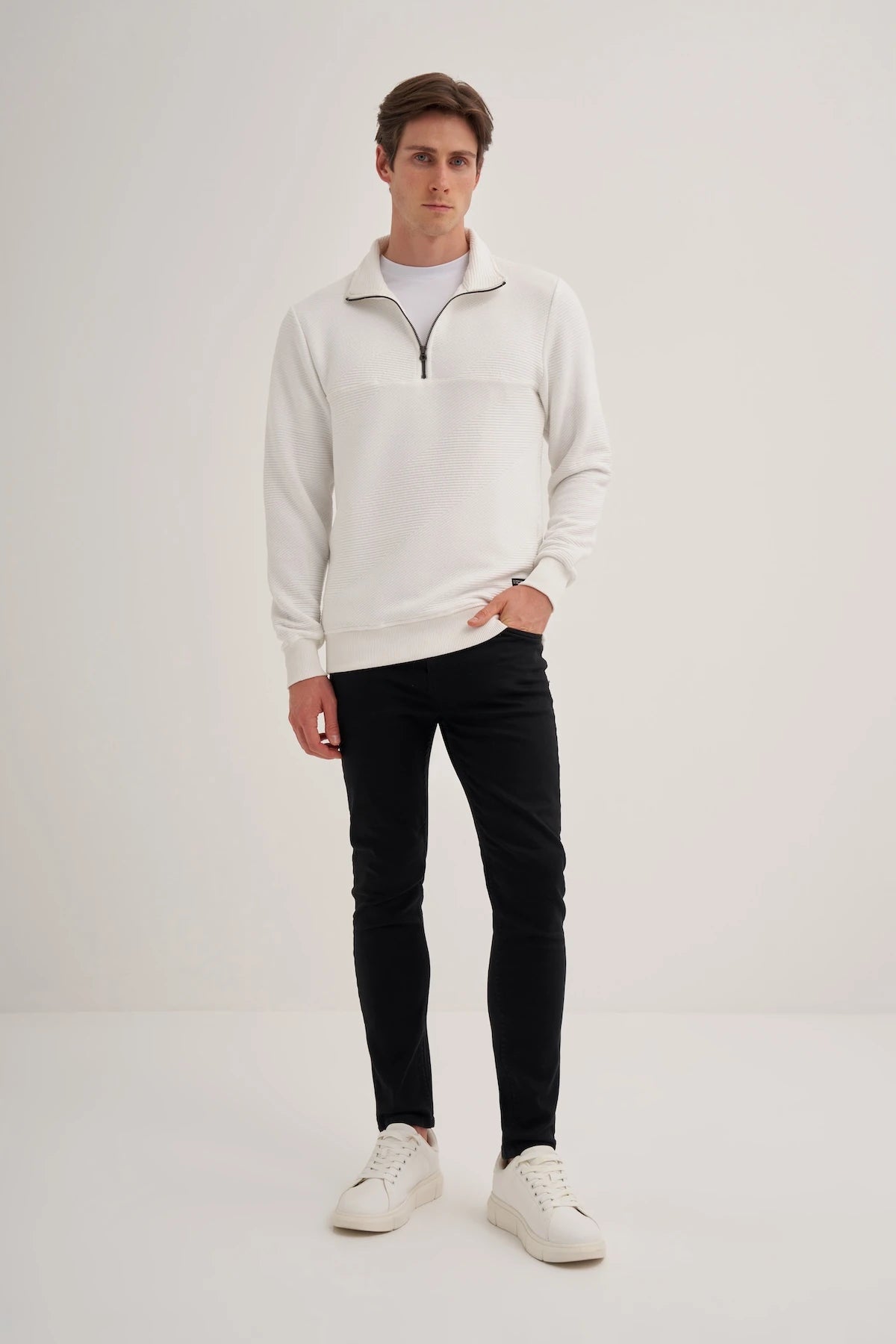 Minizipper Textured Cotton Blend Slim Fit Sweatshirt