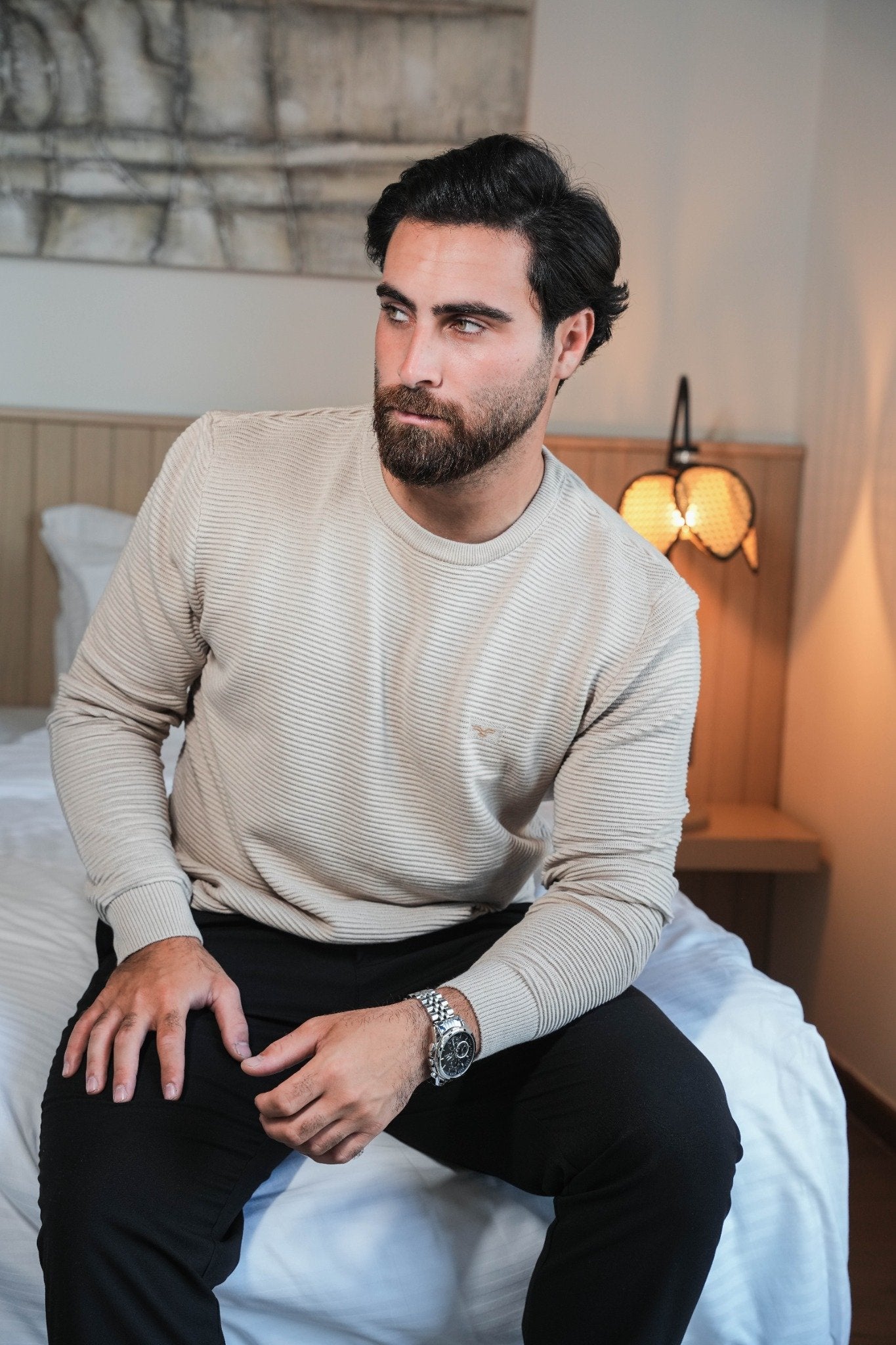 Textured Cotton Slim Fit Crew Neck Sweatshirt