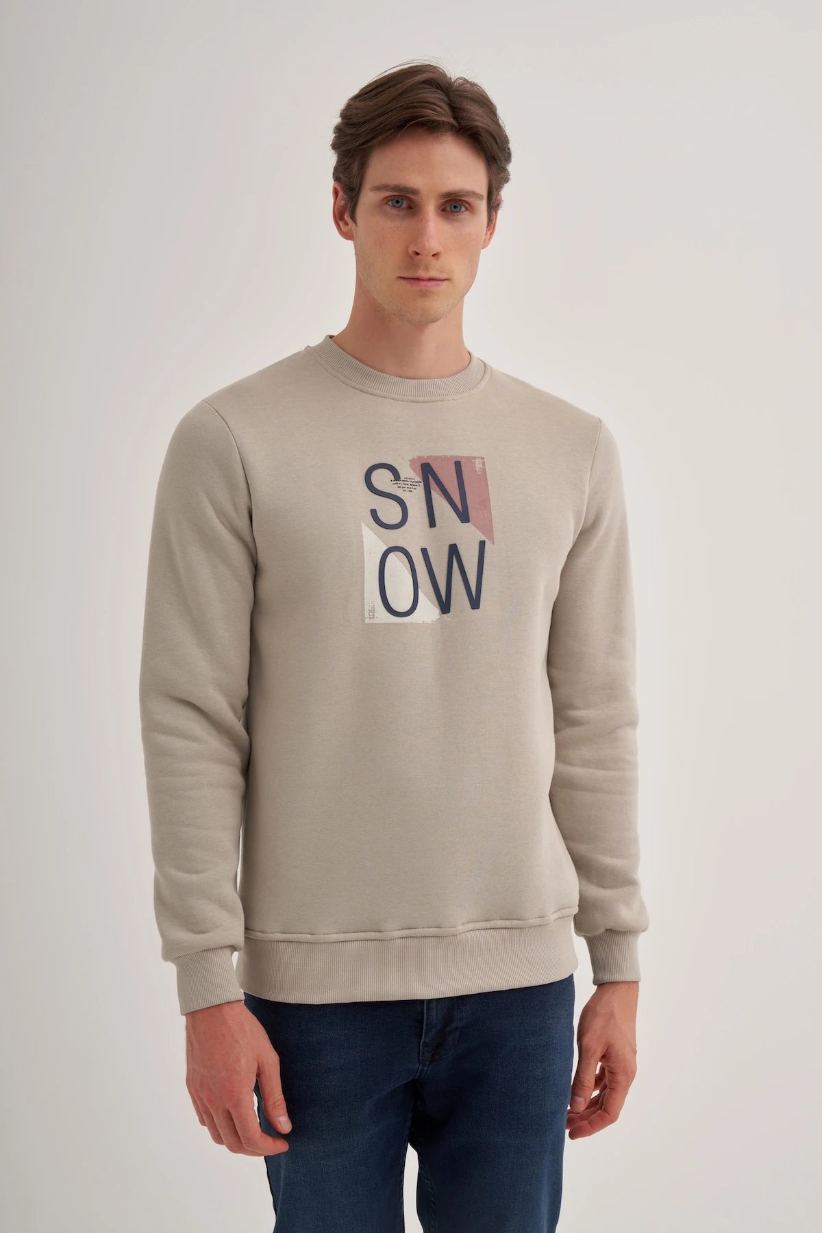 Stylized SNOW Print Cotton Blend Regular Fit Sweatshirt